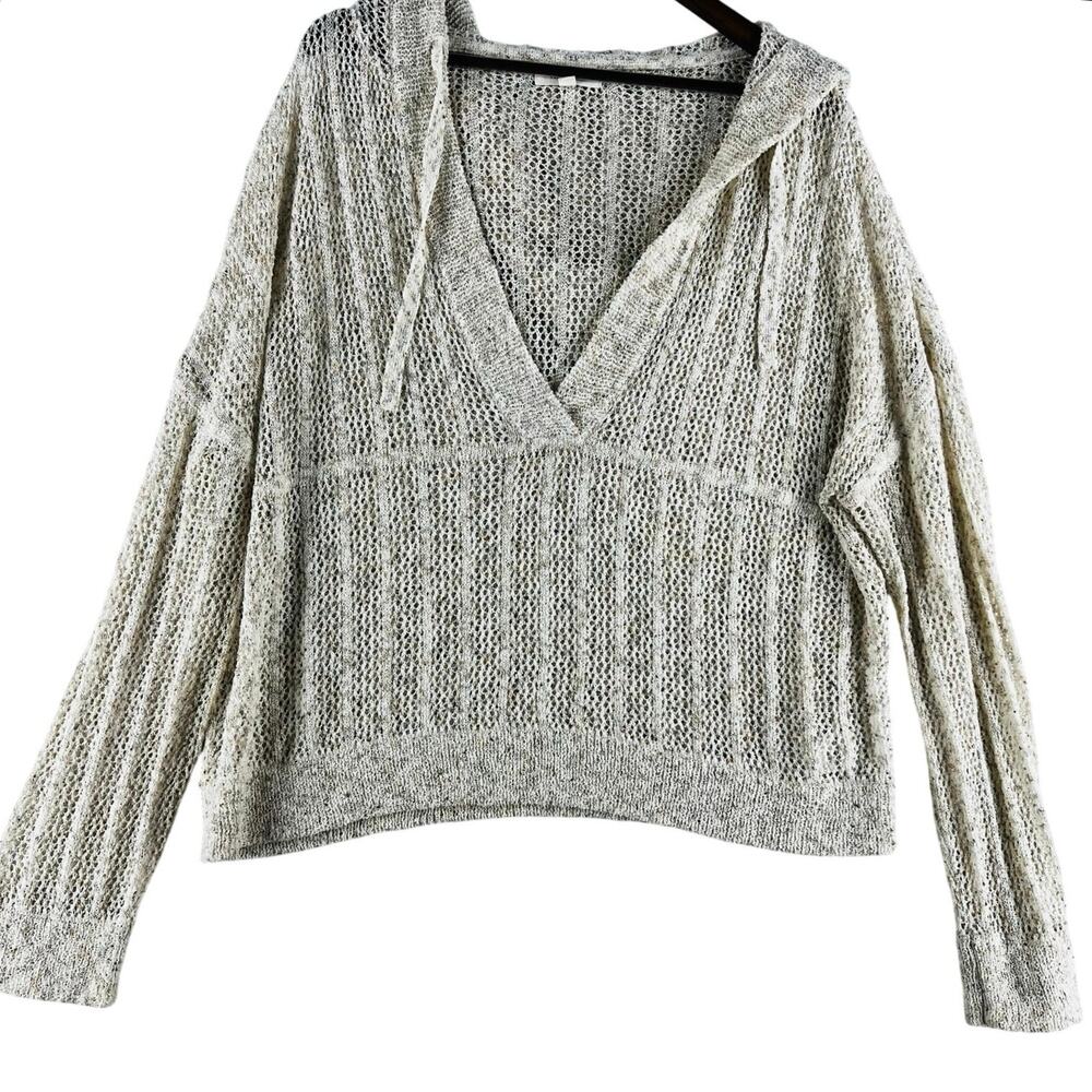 Cleo + Wolf Womens Blythe Deep V Weave Hooded Pullover XXL Cream Open Knit